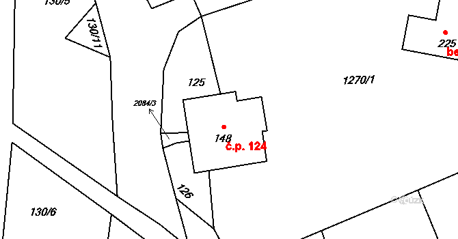 Horní Dobrouč 124, Dolní Dobrouč na parcele st. 148 v KÚ Horní Dobrouč, Katastrální mapa