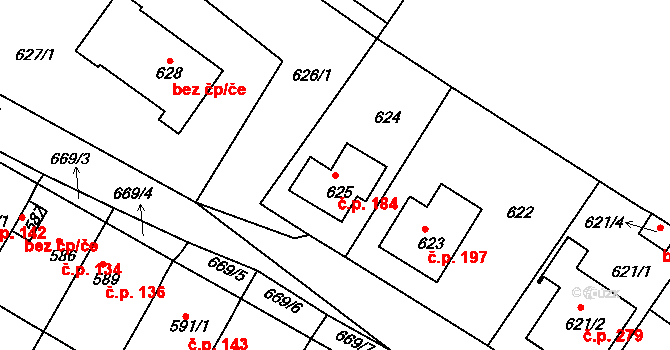 Bystřany 184 na parcele st. 625 v KÚ Bystřany, Katastrální mapa