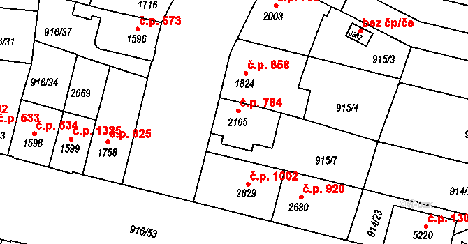 Horka-Domky 784, Třebíč na parcele st. 2105 v KÚ Třebíč, Katastrální mapa