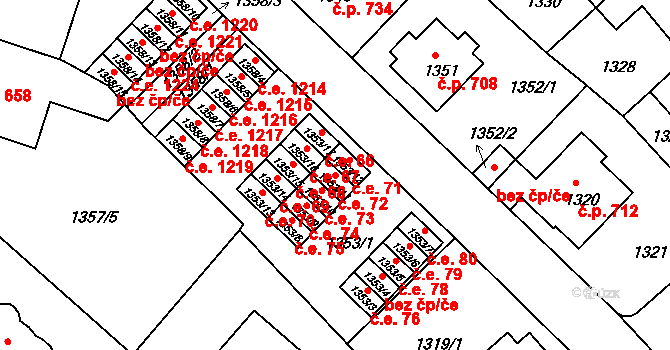 Pelhřimov 72 na parcele st. 1353/11 v KÚ Pelhřimov, Katastrální mapa