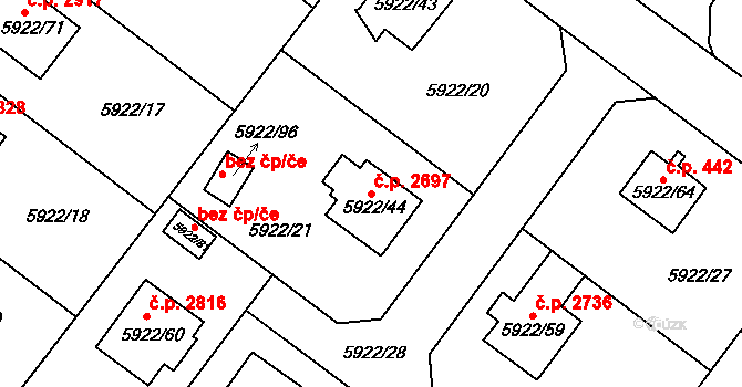 Frýdek 2697, Frýdek-Místek na parcele st. 5922/44 v KÚ Frýdek, Katastrální mapa