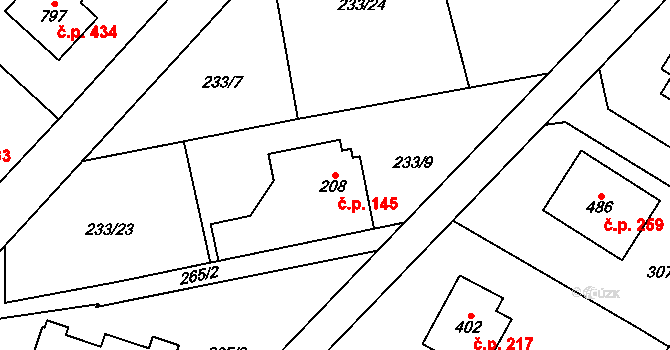 Podhůří 145, Vrchlabí na parcele st. 208 v KÚ Podhůří-Harta, Katastrální mapa