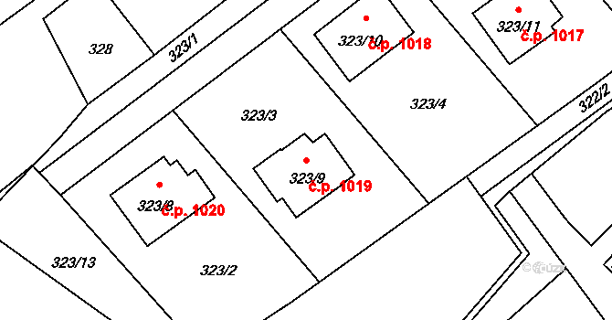 Ráj 1019, Karviná na parcele st. 323/9 v KÚ Ráj, Katastrální mapa