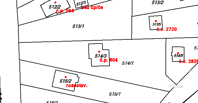 Doudlevce 604, Plzeň na parcele st. 514/3 v KÚ Doudlevce, Katastrální mapa