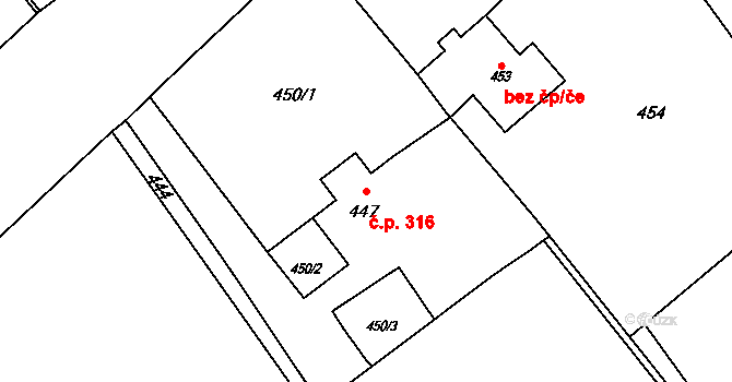 Dolní Suchá 316, Havířov na parcele st. 447 v KÚ Dolní Suchá, Katastrální mapa