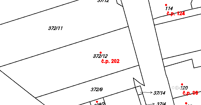 Hudcov 202, Teplice na parcele st. 372/12 v KÚ Hudcov, Katastrální mapa