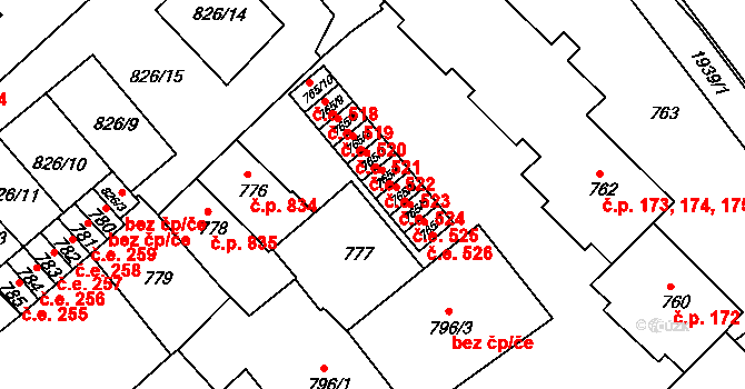 Bučovice 523 na parcele st. 765/4 v KÚ Bučovice, Katastrální mapa