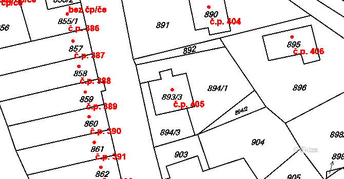 Bruntál 405 na parcele st. 893/3 v KÚ Bruntál-město, Katastrální mapa