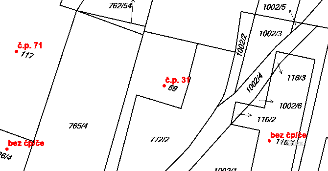 Horní Záhoří 31, Záhoří na parcele st. 69 v KÚ Horní Záhoří u Písku, Katastrální mapa