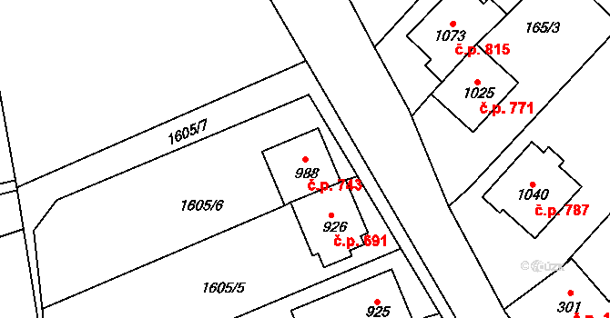 Tlumačov 743 na parcele st. 988 v KÚ Tlumačov na Moravě, Katastrální mapa