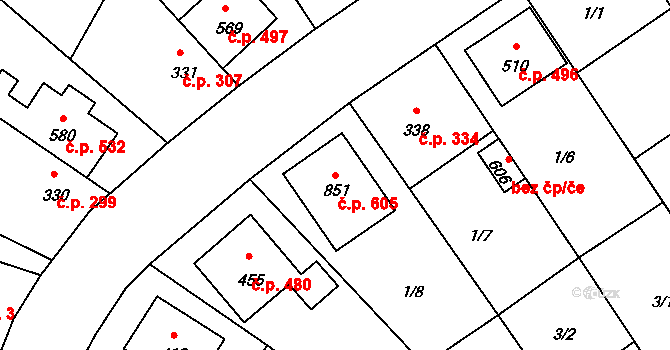 Okříšky 605 na parcele st. 851 v KÚ Okříšky, Katastrální mapa
