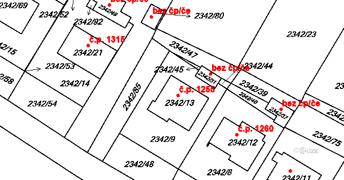 Třešť 1255 na parcele st. 2342/13 v KÚ Třešť, Katastrální mapa