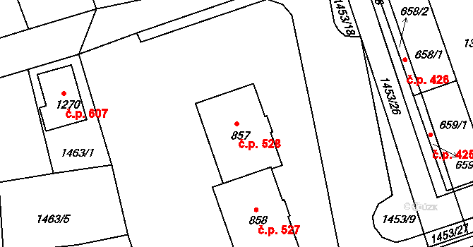 Zbiroh 528 na parcele st. 857 v KÚ Zbiroh, Katastrální mapa