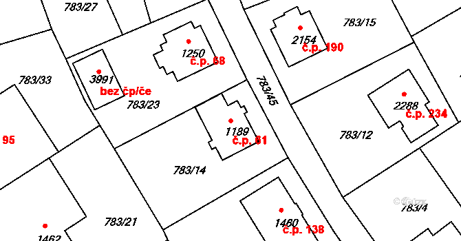Nádražní Předměstí 61, Český Krumlov na parcele st. 1189 v KÚ Český Krumlov, Katastrální mapa