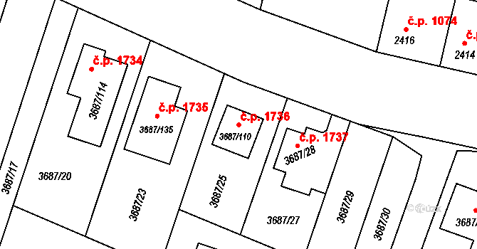 Kunovice 1736 na parcele st. 3687/110 v KÚ Kunovice u Uherského Hradiště, Katastrální mapa