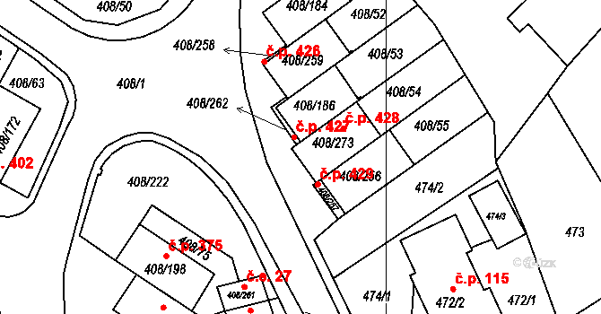 Dobšice 428 na parcele st. 408/273 v KÚ Dobšice u Znojma, Katastrální mapa