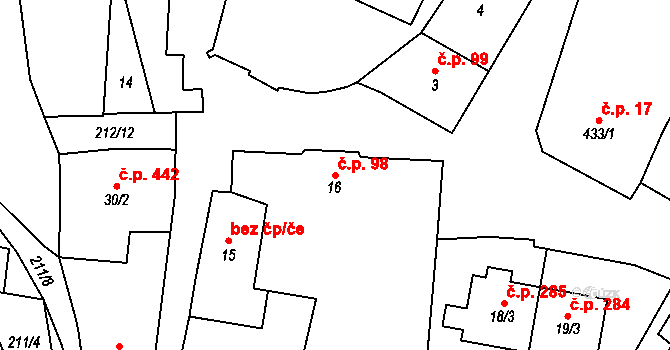 Hodonice 98 na parcele st. 16 v KÚ Hodonice, Katastrální mapa