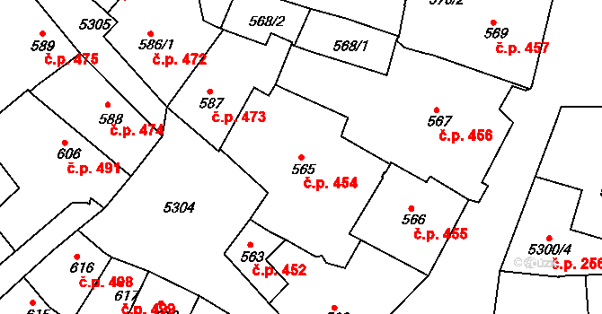 Znojmo 454 na parcele st. 565 v KÚ Znojmo-město, Katastrální mapa