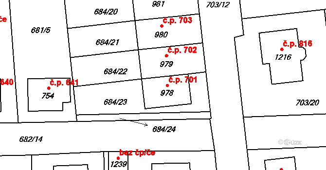 Lišov 701 na parcele st. 978 v KÚ Lišov, Katastrální mapa