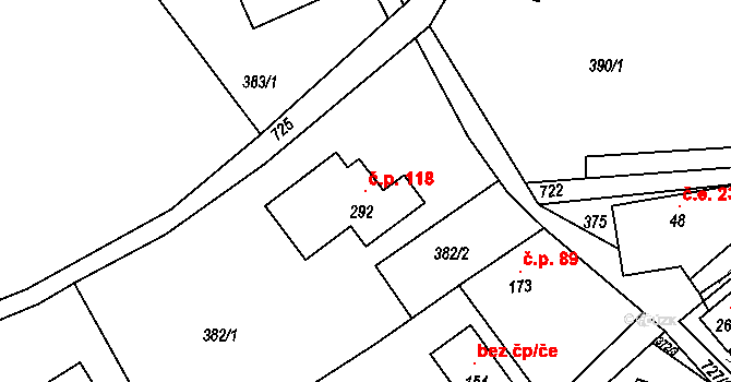 Těpeře 118, Železný Brod na parcele st. 292 v KÚ Chlístov u Železného Brodu, Katastrální mapa