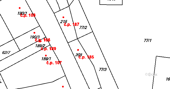 Vraný 185 na parcele st. 208 v KÚ Vraný, Katastrální mapa