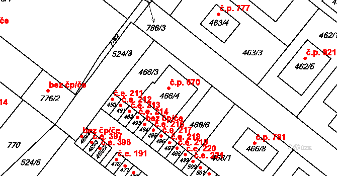 Veverská Bítýška 670 na parcele st. 466/4 v KÚ Veverská Bítýška, Katastrální mapa