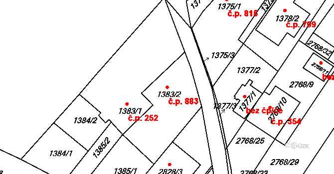 Lužice 883 na parcele st. 1383/2 v KÚ Lužice u Hodonína, Katastrální mapa