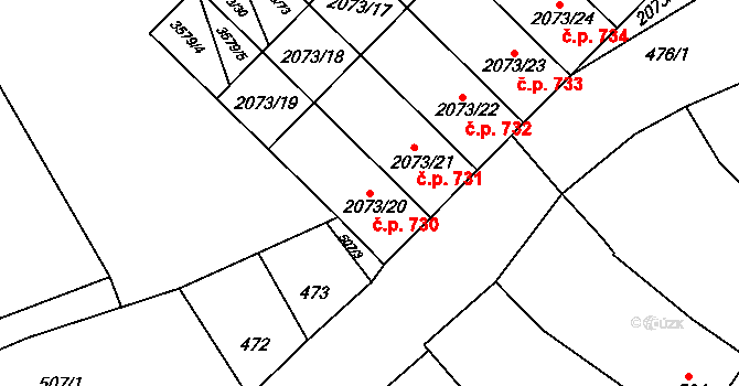 Šardice 730 na parcele st. 2073/20 v KÚ Šardice, Katastrální mapa
