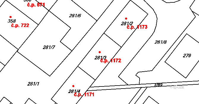 Rýmařov 1172 na parcele st. 281/3 v KÚ Rýmařov, Katastrální mapa