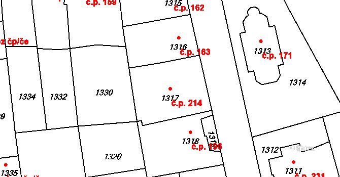 Úvaly 214 na parcele st. 1317 v KÚ Úvaly u Prahy, Katastrální mapa