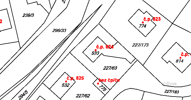 Švermov 824, Kladno na parcele st. 533 v KÚ Hnidousy, Katastrální mapa