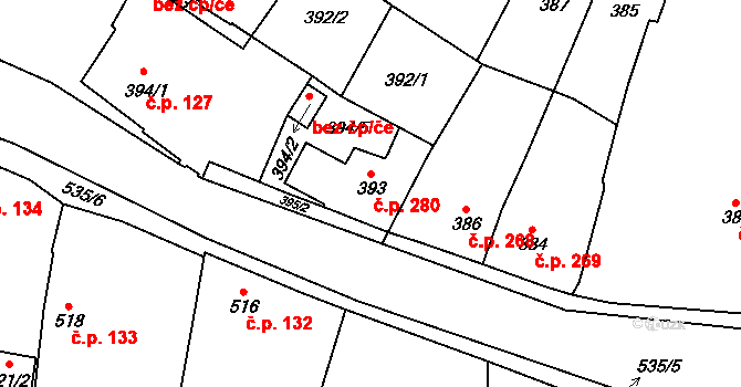 Kosmonosy 280 na parcele st. 393 v KÚ Kosmonosy, Katastrální mapa