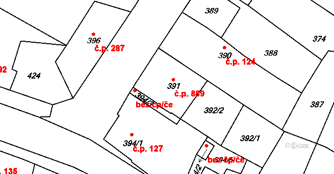 Kosmonosy 889 na parcele st. 391 v KÚ Kosmonosy, Katastrální mapa