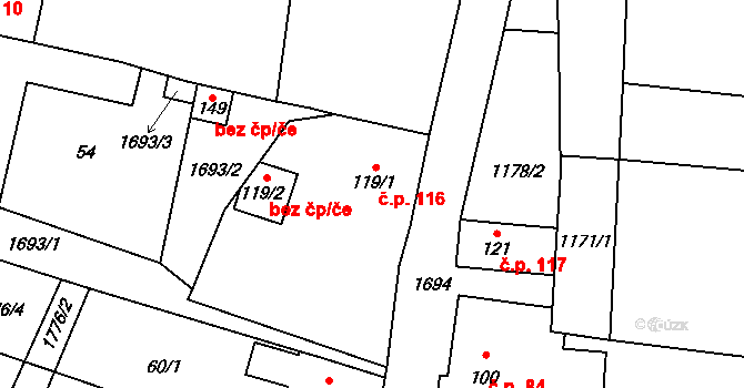 Malešov 116, Hoštka na parcele st. 119/1 v KÚ Malešov u Hoštky, Katastrální mapa