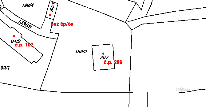 Lodhéřov 209 na parcele st. 267 v KÚ Lodhéřov, Katastrální mapa
