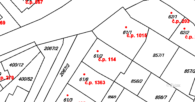Mařatice 114, Uherské Hradiště na parcele st. 61/2 v KÚ Mařatice, Katastrální mapa