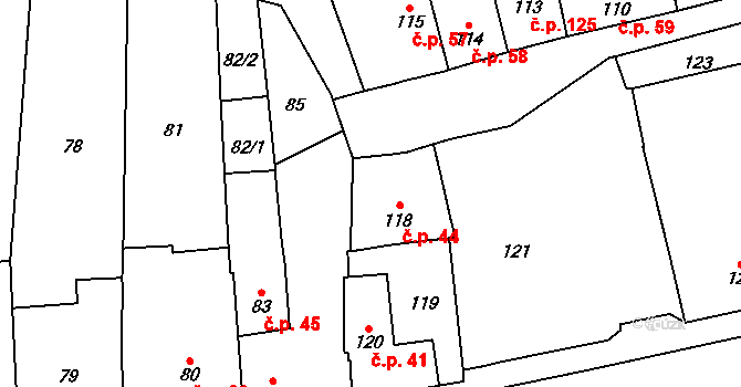 Horní Heršpice 44, Brno na parcele st. 118 v KÚ Horní Heršpice, Katastrální mapa