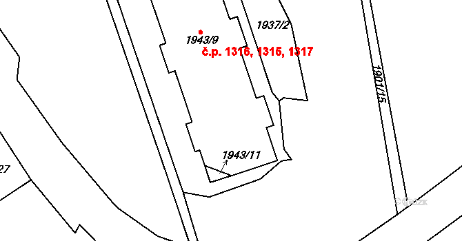 Trnovany 1315,1316,1317, Teplice na parcele st. 1943/9 v KÚ Teplice-Trnovany, Katastrální mapa