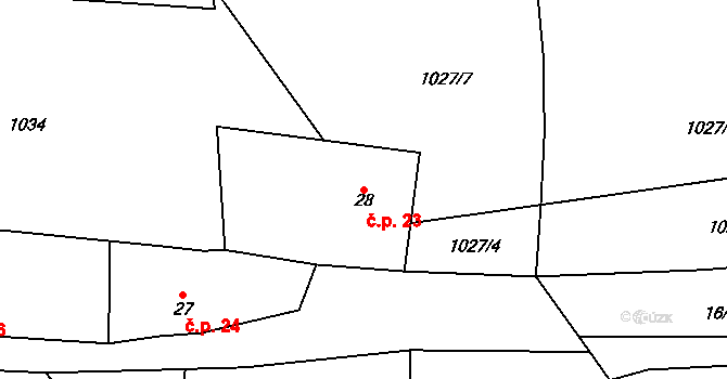 Přívory 23, Všetaty na parcele st. 28 v KÚ Přívory, Katastrální mapa