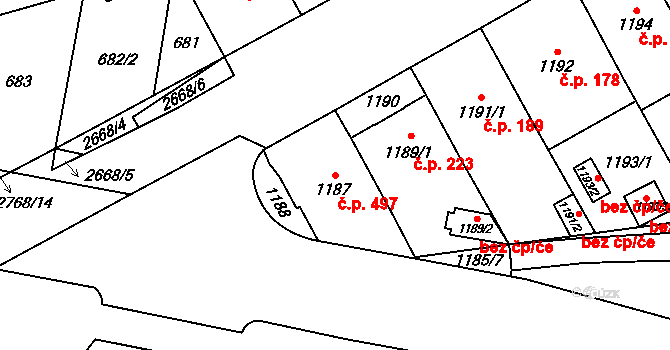 Hostivař 497, Praha na parcele st. 1187 v KÚ Hostivař, Katastrální mapa