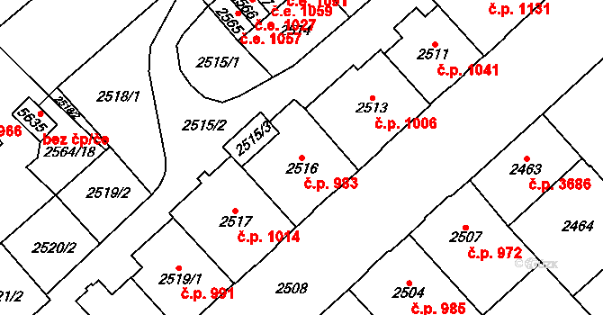 Chomutov 983 na parcele st. 2516 v KÚ Chomutov I, Katastrální mapa