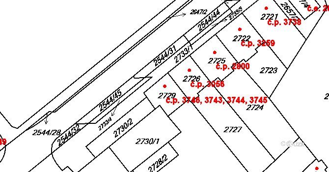 Chomutov 3743,3744,3745,3746 na parcele st. 2729 v KÚ Chomutov II, Katastrální mapa