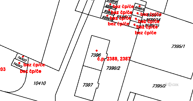 Jižní Předměstí 2387,2388, Plzeň na parcele st. 7396 v KÚ Plzeň, Katastrální mapa