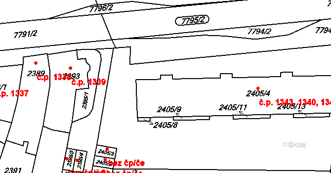 Prostějov 1340,1341,1342,1343 na parcele st. 2405/4 v KÚ Prostějov, Katastrální mapa