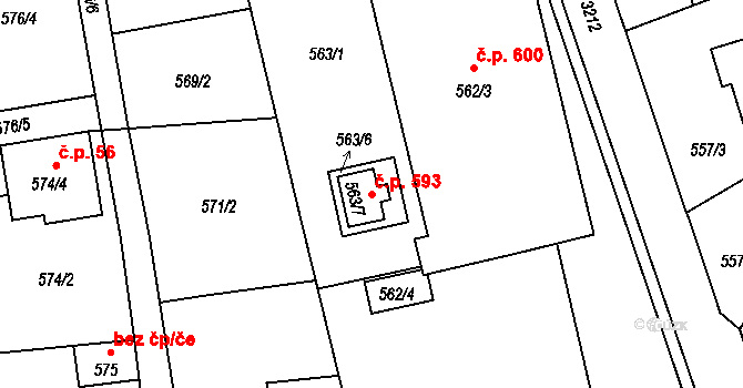Píšť 593 na parcele st. 563/7 v KÚ Píšť, Katastrální mapa