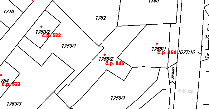Rumburk 1 645, Rumburk na parcele st. 1755/2 v KÚ Rumburk, Katastrální mapa