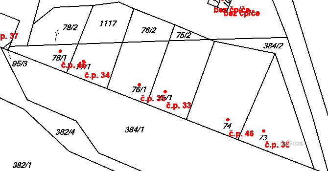 Jiřetice 33, Neustupov na parcele st. 75/1 v KÚ Jiřetice u Neustupova, Katastrální mapa