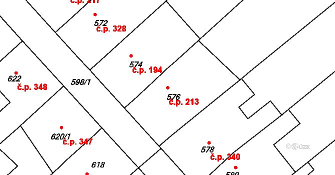 Měřín 213 na parcele st. 576 v KÚ Měřín, Katastrální mapa
