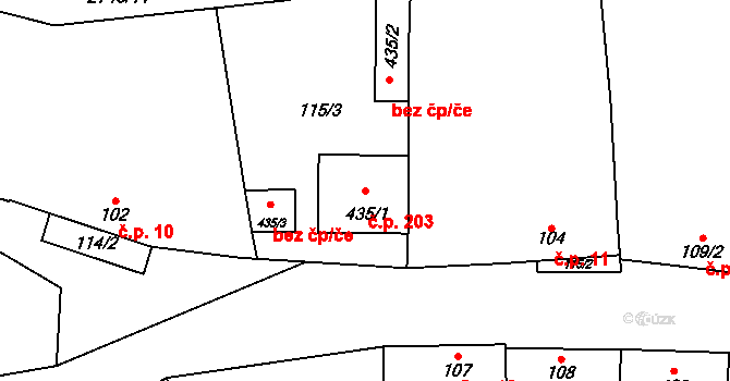 Veletiny 203 na parcele st. 435/1 v KÚ Veletiny, Katastrální mapa