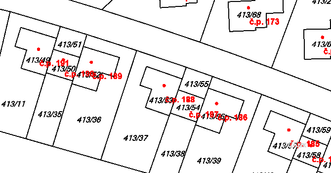 Lidice 188 na parcele st. 413/53 v KÚ Lidice, Katastrální mapa